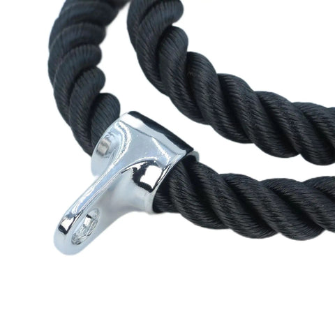 Close-up of 55 Inches Double Length Tricep Pulldown Rope With 360 Degree Swivel Connector showing nylon braided core and metal connector