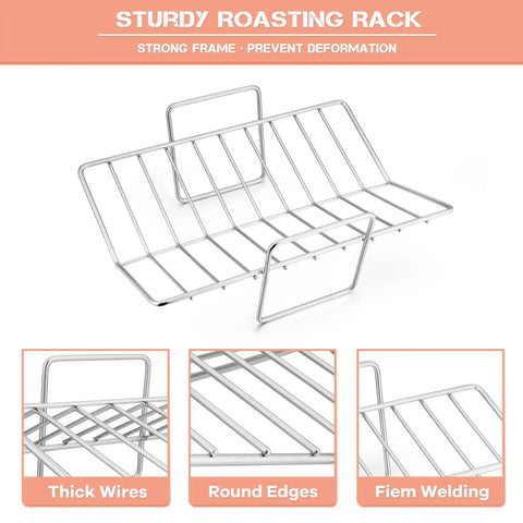 Sturdy V-shaped rack from Big Turkey Roasting Pan With V Shaped Rack Stainless Steel Roaster Pan 16x11.5Inch Heavy Duty 2 Pack