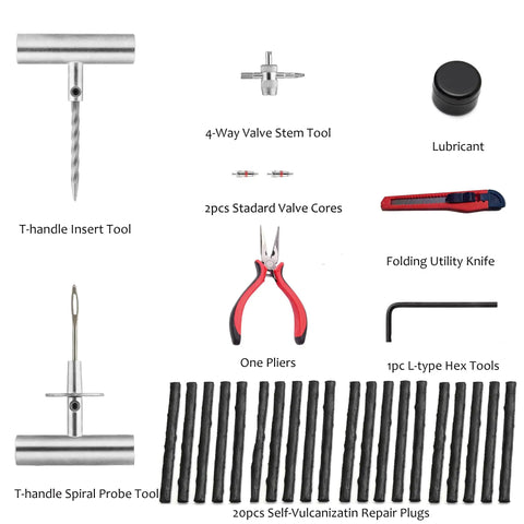 Badass Heavy Duty 31 Piece Flat Tire Repair Kit With Durable Rubber Plugs And Complete Steel Tool Set For Cars Trucks Atv Jeep Roadside Emergency Fix tools including T-handle inserts and pliers.