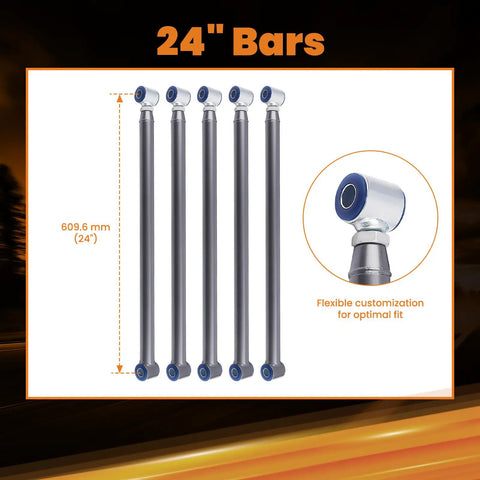 Beefy Adjustable Universal Parallel 4 Link Kit For Car Suspension Upgrades Heavy Duty Steel Links With Zinc End Caps 24 Inch Long Built For Hot Rods And Rat Rods Classic Cars And Air Ride Systems, 24in bars