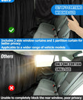 Set Of 3 Car Window Shades With Privacy Divider And Side Window Covers For Kids And Babies Travel In SUVs And Sedans, 95 Percent Light Blocking Sunshades comparison showing features.