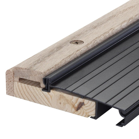 Adjustable Aluminum And Hardwood Threshold Kit for French and Exterior Doors, bronze finish, detailed view of oak and aluminum design