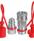 Front view of 1/4 in ISO 5675 hydraulic quick-connect Pioneer-style couplers with red protective caps and NPT thread