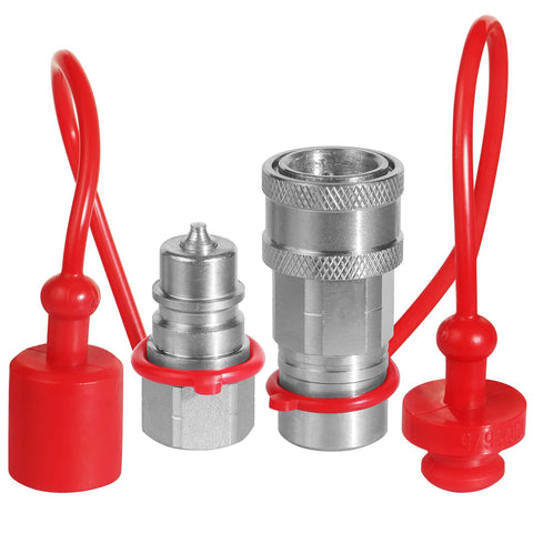 Front view of 1/4 in ISO 5675 hydraulic quick-connect Pioneer-style couplers with red protective caps and NPT thread