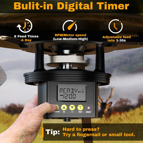 Diy Deer Feeder Kit With Digital Timer And Spinner Motor. Small Size Hunting Feeder Compatible With Buckets. Includes Adjustable Arms And Solar Port. Perfect For Chicken Or Game Feeding Outdoors In The Wild.