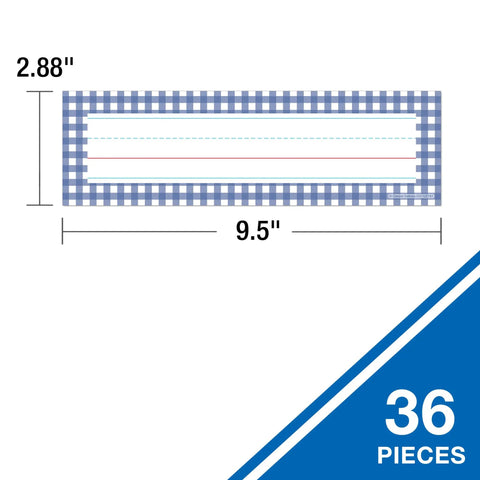Farmers Market Desk Labels For Kids 36 Pack Name Tags For Desks And Lockers Classroom Organization And School Supplies Durable Desk Plates, size 9.5x2.875 inches, shown with blue checkered pattern.