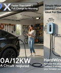 Level 2 EV Charger 50 Amp 240V Charge Station For Indoor And Outdoor Use, mounted in garage, charging electric car.
