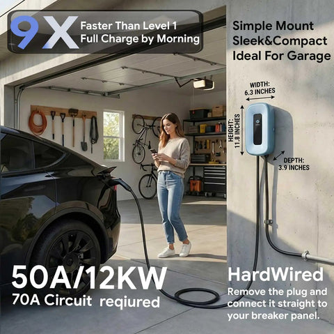 Level 2 EV Charger 50 Amp 240V Indoor Outdoor With 25Ft Cable, NACS Tesla Compatible, wall-mounted in garage charging Tesla