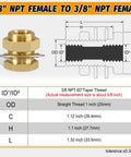 Diagram and dimensions of 3/8 NPT female to female solid brass bulkhead fitting with wave ring.