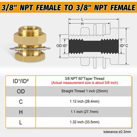 Diagram and dimensions of 3/8 NPT female to female solid brass bulkhead fitting with wave ring.