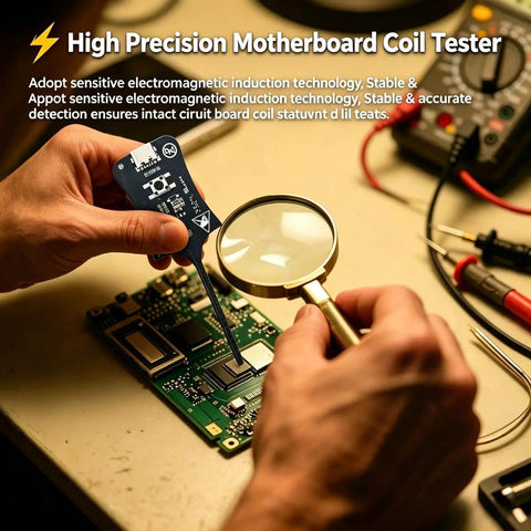 Person using Type C Inductance Tester For Motherboard Coils, High Sensitivity Quick Fault Detection Tool with circuit board.