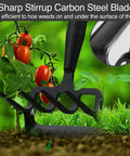 Stirrup Hoe And Cultivator Garden Tool Heavy Duty With 4 Tine Weeder And Long Adjustable Handle From 32 To 62 Inches For Deep Weeding Root Removal Ditching And Garden Bed Cultivation A Real Yard Work Essential For Women Men And Kids with carbon steel blade in garden