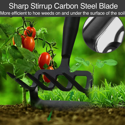 Stirrup Hoe And Cultivator Garden Tool Heavy Duty With 4 Tine Weeder And Long Adjustable Handle From 32 To 62 Inches For Deep Weeding Root Removal Ditching And Garden Bed Cultivation A Real Yard Work Essential For Women Men And Kids with carbon steel blade in garden