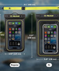 Two Pack Marine Waterproof Phone Pouches XL For Beach, Boat, Kayak And Poolside Adventures, Floating IP68 Case visible in black and hi-vis yellow with roll top seal and lanyard displayed with dimensions.