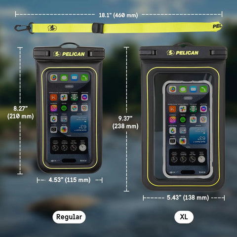 Two Pack Marine Waterproof Phone Pouches XL For Beach, Boat, Kayak And Poolside Adventures, Floating IP68 Case visible in black and hi-vis yellow with roll top seal and lanyard displayed with dimensions.