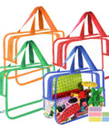 Clear PVC Storage Bags Set With Zipper And Labels, Waterproof Travel Organizer Pouches For Building Blocks Puzzles And Books, 4 Pack, Large 12 X 9.2 X 4 Inches, Multicolor; image shows the bags filled with colorful toys and accessories.