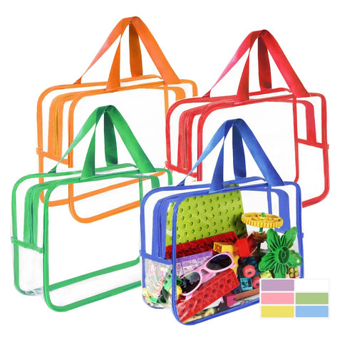 Clear PVC Storage Bags Set With Zipper And Labels, Waterproof Travel Organizer Pouches For Building Blocks Puzzles And Books, 4 Pack, Large 12 X 9.2 X 4 Inches, Multicolor; image shows the bags filled with colorful toys and accessories.