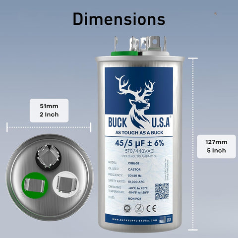 Dual Run Capacitor 45 And 5 MFD 6 Percent Tolerance CBB65B For HVAC Systems Air Conditioners Condensers Heat Pumps And Fan Motors 370 To 440 VAC 50 To 60 Hz Replacement With Labeled Terminals For Compressor Fan And Common
