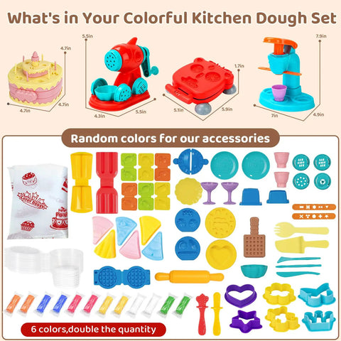 70 Piece Kids Dough Set 4 In 1 With Ice Cream Maker Noodle Maker Hamburger And Cake Mold Tools, components laid out on table