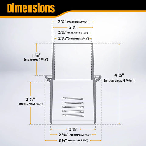 Pwercat 2-1/2 To 2-1/4 Inch Dust Collection Reducer Adapter Hose Converters Fit Shop Vac And Woodworking Systems technical dimension diagram