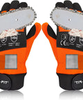 Pro Grade Chainsaw Gloves For Full Hand Protection With Cut Resistant Tech EN ISO 11393 4 Class 1 EN 388 4122X CAT III Module B And Module C2 Solid Grip Comfort And All Weather Versatility For Safer Cutting On The Job, shown with saw blade contact.
