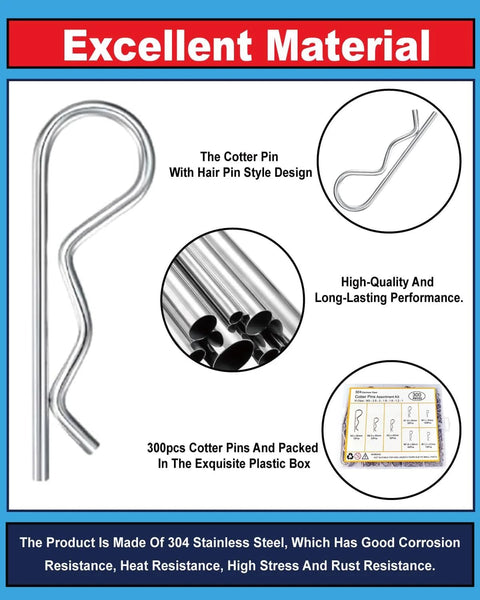 Front view of a 300-piece stainless steel cotter pin assortment kit with 7 sizes for trailer hitches and lawnmowers.