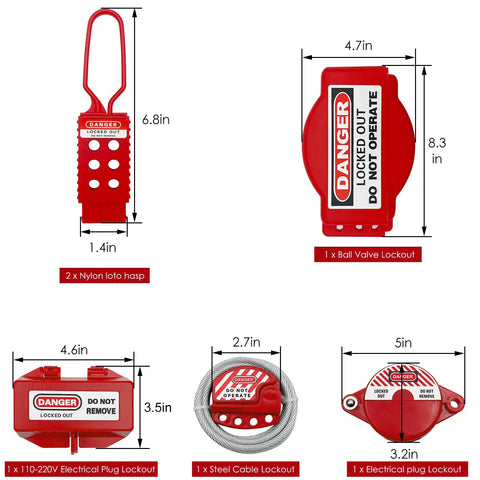 Lockout Tagout Kit for Circuit Breakers With Clamp On Locks, Group Lockout Hasps, and Tags, Universal Multi Pole Breaker Lockout components shown.