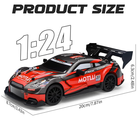 Dope High Speed 4WD Drift RC Car With LED Lights, Dual Batteries, 1:24 Scale Remote Control Vehicle shown with dimensions