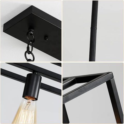 Close-up details of Farmhouse Kitchen Island Light With Black Matte Finish, Modern Industrial Five Light Linear Pendant, hardware and frame.