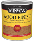 Heavy Duty Oil Based Wood Stain In Warm Red Chestnut Tone Semi Transparent Formula in a metal can with yellow label.