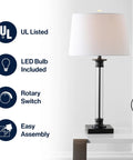 Two Pack 30 Inch Table Lamps In Black And Clear Glass With Metal Column Base And White Linen Drum Shade, UL Listed Features
