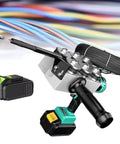 Heavy Duty Cordless Wire Puller With Smooth Brushless Motor And Easy Twist Speed Dial Reliable 550Nm Torque Lithium Battery Conduit Threader showcasing tool, battery, and wires.