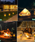 Solar Flame Torch Lights For Outdoor Decoration 12 Pack illuminating garden, camping, party, and patio settings at night.
