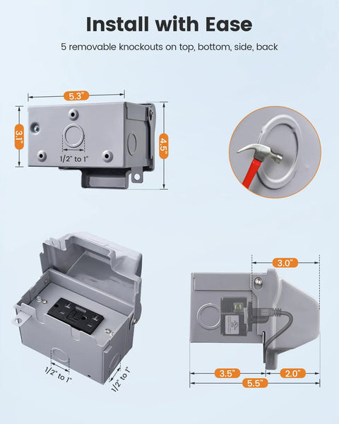 Tough As Nails Waterproof Outdoor Outlet Box With 20 Amp GFCI Safety Switch, showing dimensions and knockout features.
