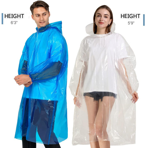 Two adults wearing Disposable Rain Ponchos For Adults Clear And Blue 10 Pack With Hood Waterproof Lightweight Tear Resistant One Size Fits Most
