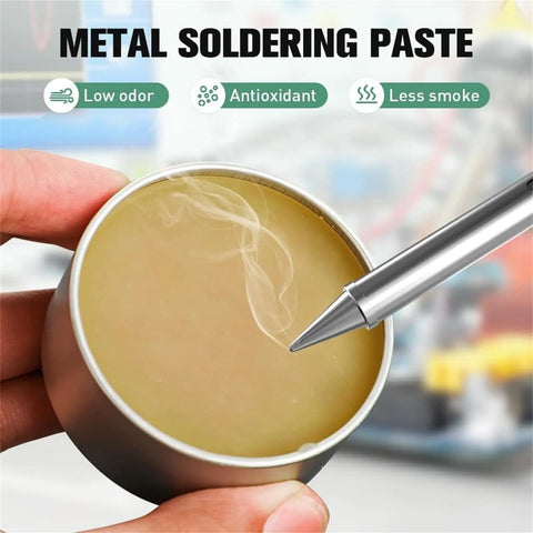 No Clean Lead Free Solder Flux Paste 100g Pro Grade For Precision Electronics Repair, open tin being used with soldering iron