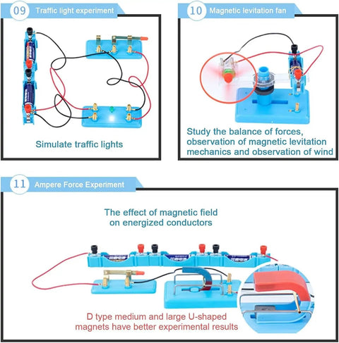 Hands On Electrical Experiment Kit For Kids With Energized Coils And Light Bulb Demonstration, shown in traffic light and ampere force setups