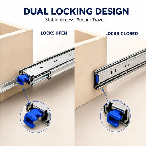 60 Inch Beefy Heavy Duty Drawer Slides With Full Extension Ball Bearing 500Lb Capacity Per Pair Ultra Solid Steel Build Smooth Silent Operation 76mm Rail Width Durable Hardware For Cabinets, dual locking mechanism