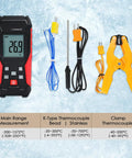 Type K Thermocouple Thermometer Kit With HVAC Clamp Meter Digital 1 Channel K Type Temperature Gauge Wide Range From -328 To 2501 Fahrenheit Includes Two Thermocouples Lead Probes And Pipe Clamp, with probes and clamp