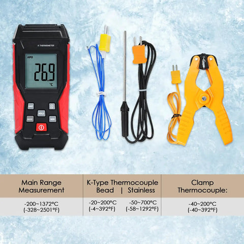 Type K Thermocouple Thermometer Kit With HVAC Clamp Meter Digital 1 Channel K Type Temperature Gauge Wide Range From -328 To 2501 Fahrenheit Includes Two Thermocouples Lead Probes And Pipe Clamp, with probes and clamp