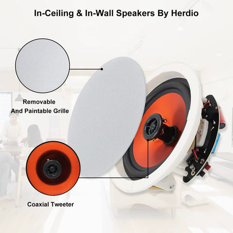6.5 Inch Bluetooth In Wall Ceiling Speakers With 600W 2 Way Flush Mount System And Built In Wall Amplifier Receiver For Home Theater