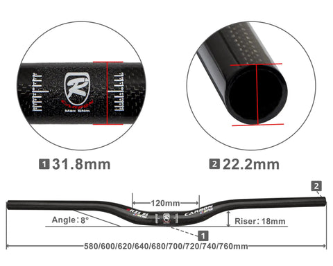 Detailed diagram of Carbon Fiber 760mm Mountain Bike Handlebars 31.8 Clamp Riser Bar, showing measurements and specifications.