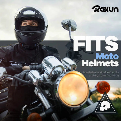 Motorcyclist wearing Balaclava Ski Mask 5 Pack Neck Gaiter for Motorcycle and Outdoor Sports All Season Face Covering with helmet.