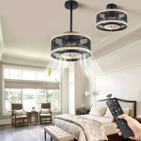 Industrial Caged Low Profile Ceiling Fan With Remote And Dimmable Three Color LED Lights in a bedroom setting