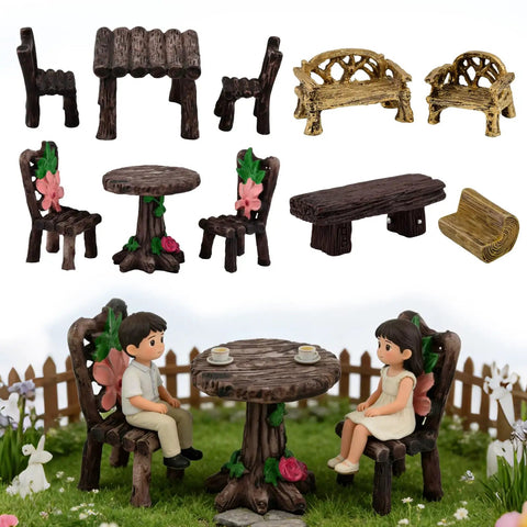 Fairy Garden Miniature Table And Chairs Set, 10 Pcs Resin Benches And Dining Kit, Hand Painted Micro Landscape Decor For Home Or Outdoor