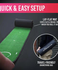 Slim Home Putting Mat For Fast Smooth Roll And Lower Scores, 7.9ft By 0.82ft green, rubber backed nylon surface, rolled out on floor