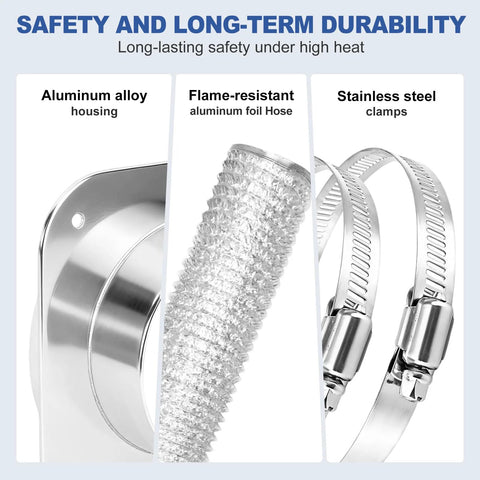 Magnetic dryer vent coupling kit: 4-inch duct, aluminum housing, flame-resistant foil hose, stainless steel clamps (2 included).