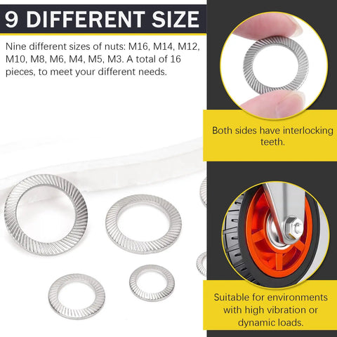 9 different sizes of 304 stainless steel wedge locking washers for M3 to M16 bolts, ideal for high vibration environments.