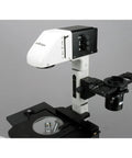 Inverted Microscope With Phase Contrast And Fluorescence 40X To 1200X Magnification Mercury Lamp Illumination Trinocular Head Siedentopf Binocular Mount Plan High Eyepoint Widefield Eyepieces Ideal For Biology Buffs And Materials Analysis. black-and-white inverted microscope with stage and objective