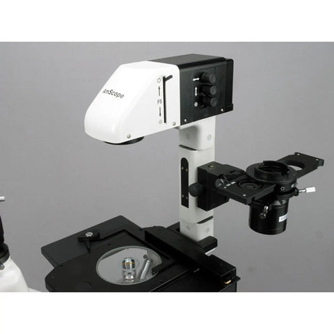 Inverted Microscope With Phase Contrast And Fluorescence 40X To 1200X Magnification Mercury Lamp Illumination Trinocular Head Siedentopf Binocular Mount Plan High Eyepoint Widefield Eyepieces Ideal For Biology Buffs And Materials Analysis. black-and-white inverted microscope with stage and objective